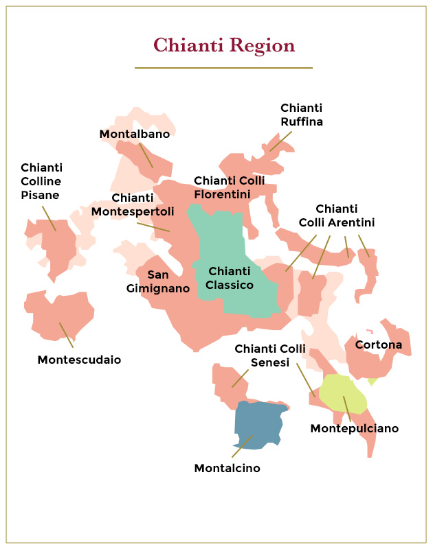 Map giving important appellations in the Chianti wine region